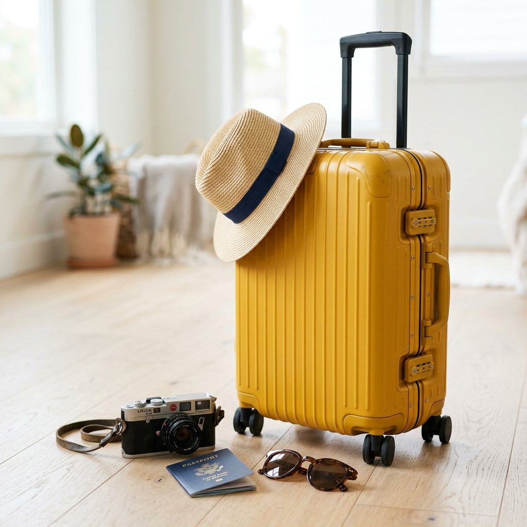 Travel suitcase and hat